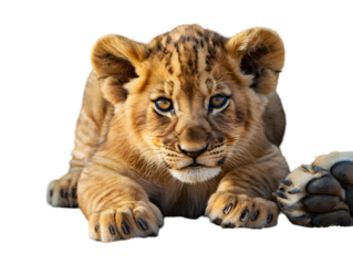 Two lion cubs playing together on a white background