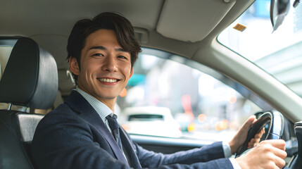 スーツ姿のビジネスマンが車を運転中に微笑む瞬間
