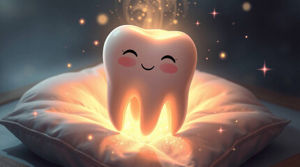 Tooth with smiley face on pillows. 3d rendering