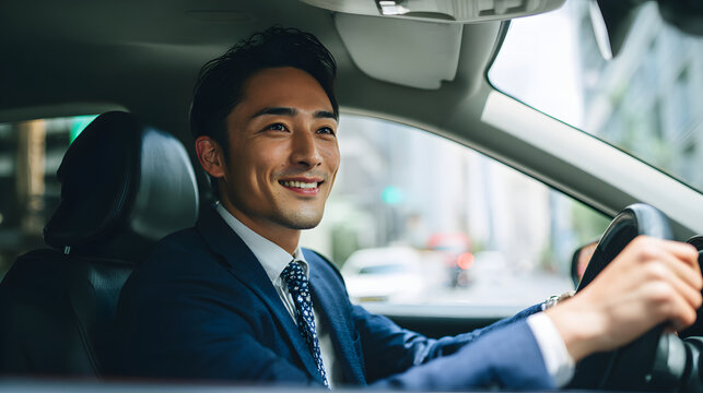 スーツ姿のビジネスマンが車を運転中に微笑む瞬間