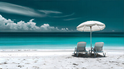 A tranquil beach scene showcases two white lounge chairs and a white umbrella on pristine white sand, facing a vibrant turquoise ocean under a dramatic sky with fluffy white clouds.