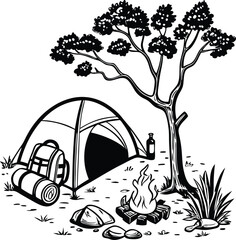 A charming black and white illustration of a tranquil camping scene.