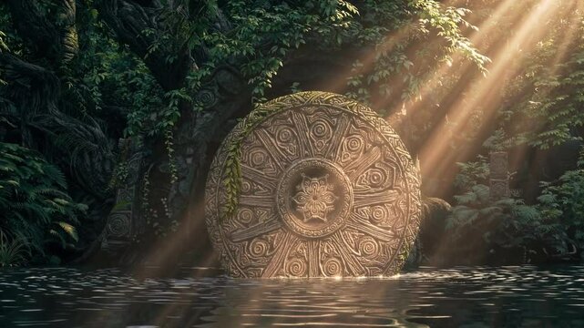 Mysterious ancient stone in serene water surrounded by lush jungle under golden sunlight
