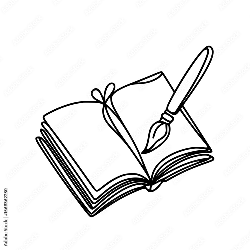 Poster open book with a quill pen resting on pages in outlined style