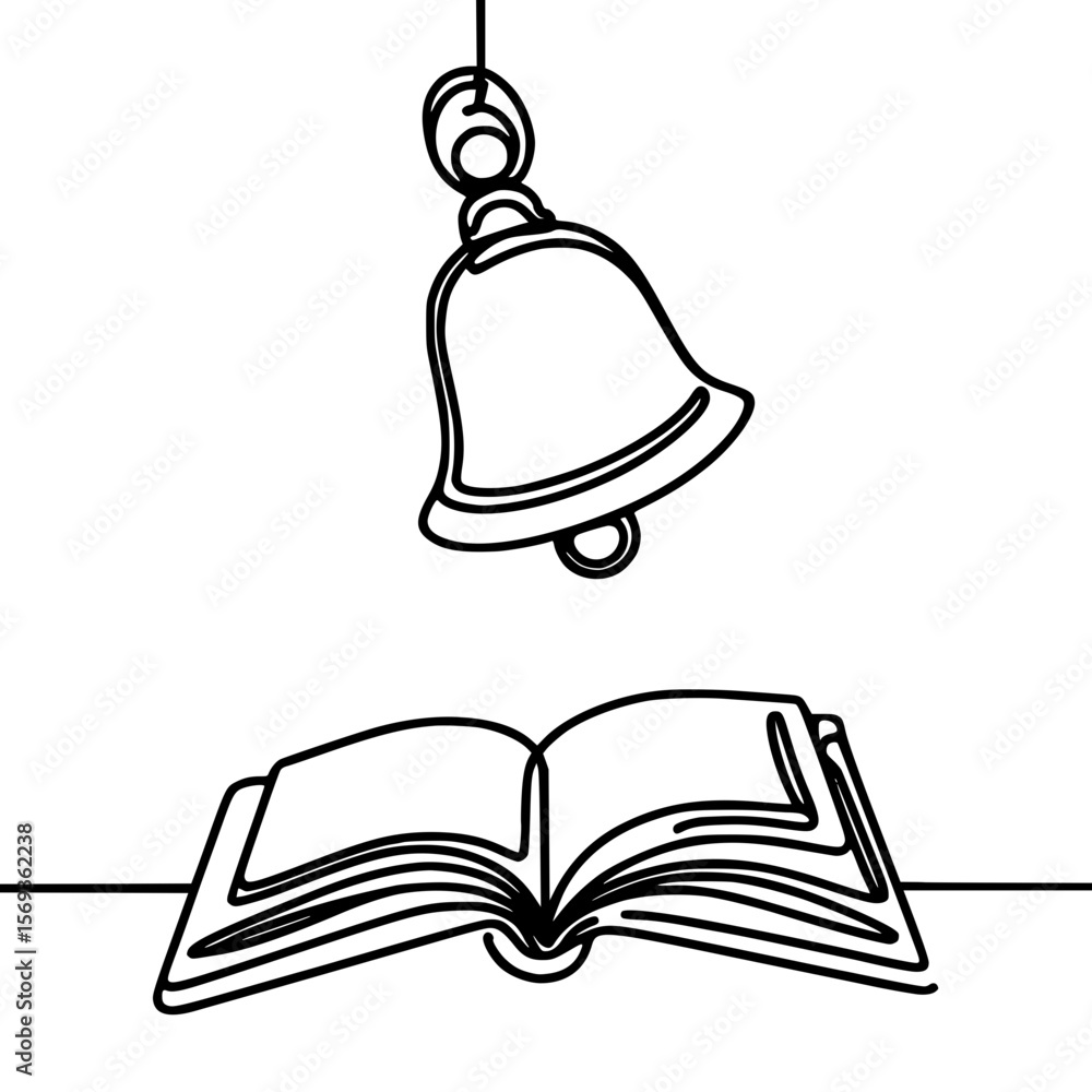 Poster open book with bell above in single line outline vector style