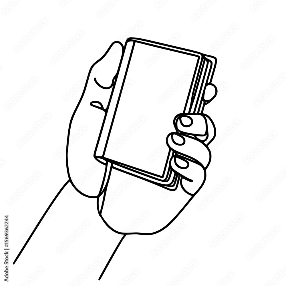 Poster hand holding a closed notebook in a minimalist outline style
