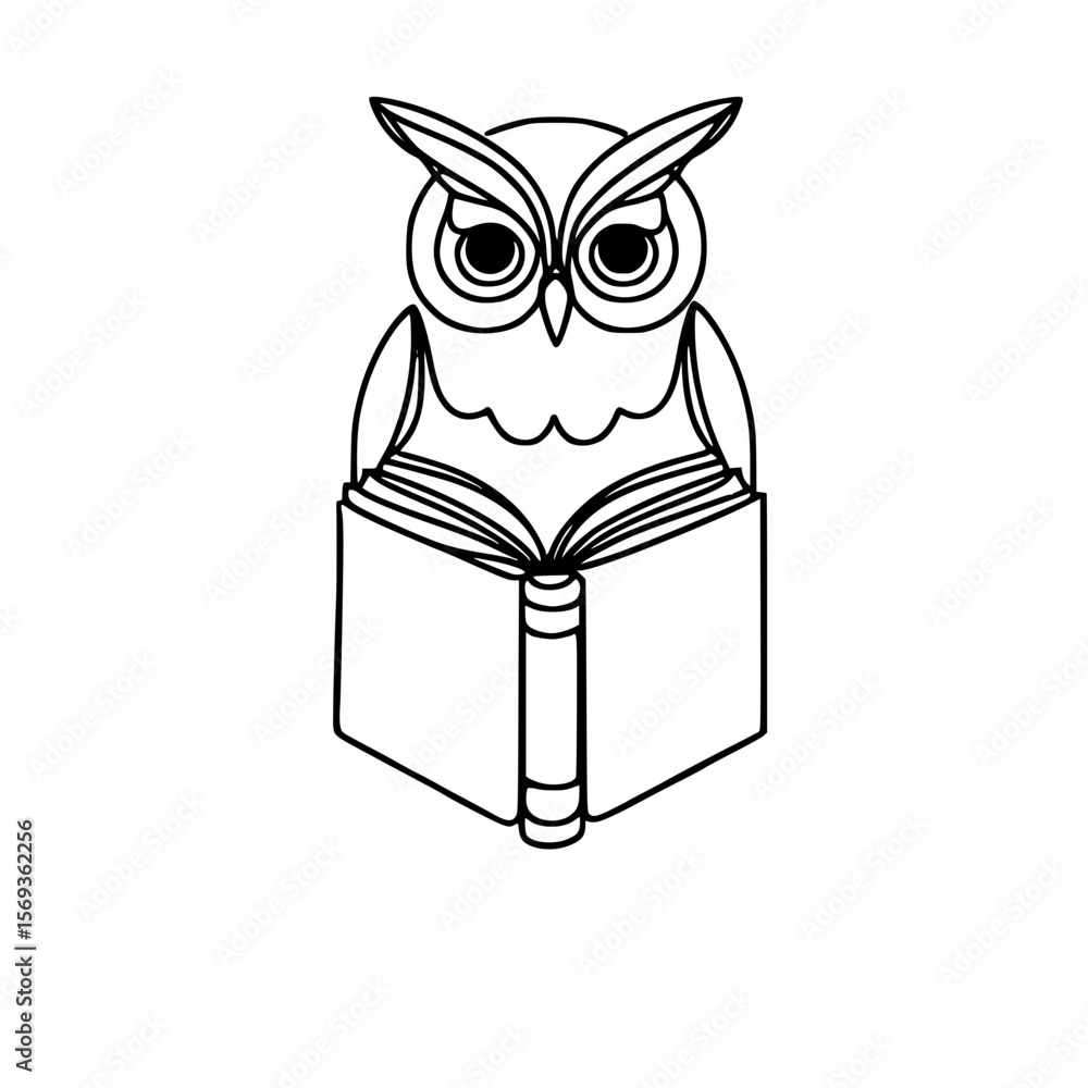 Poster owl reading a book in single line outline vector school style