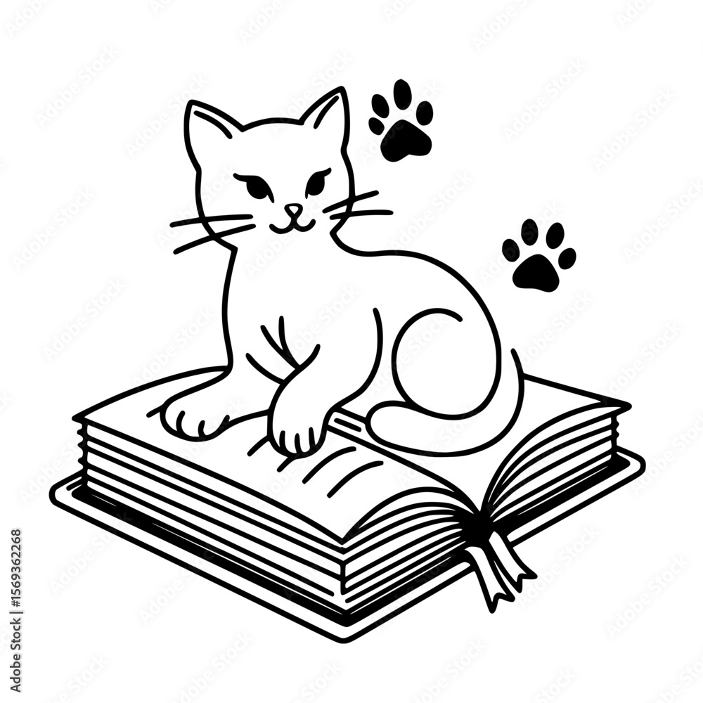 Poster cat sitting on an open book with paw prints around it, concept of single line outline vector school