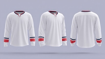 White hockey jersey mockup with red and blue accents, front, side, back views on light blue background

