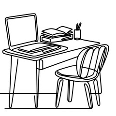 Simple desk with laptop and books in outline vector style - Concept of single line outline vector school  