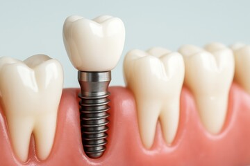 Innovative Dental Implant Close-Up Showcases Advanced Prosthodontics Restoring Confidence and Smile Aesthetics, highlighting the precision technology for oral health.