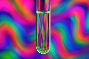 Luminous Test Tube Reflects Abstract Neon Swirls, a modern science presentation displaying vivid liquid within glass against a colorful fantasy backdrop.