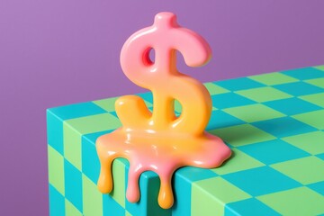 Melting Dollar, a symbol representing financial challenges or market volatility, drips colorfully upon a checkerboard platform against a pastel purple backdrop.