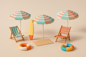 Miniature Beach Vacation Arranged with pastel umbrellas, lounge chairs, surfboard, and life preservers evokes a simple, joyful, and relaxing summer escape.