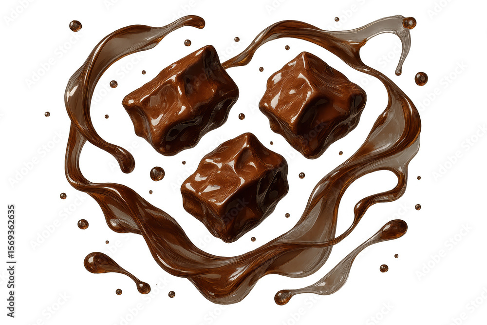 Poster decadent chocolate chunks with a dynamic splash isolated on transparent background