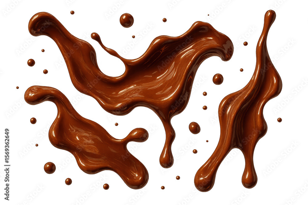 Poster dynamic chocolate splashes and drops isolated on a transparent background