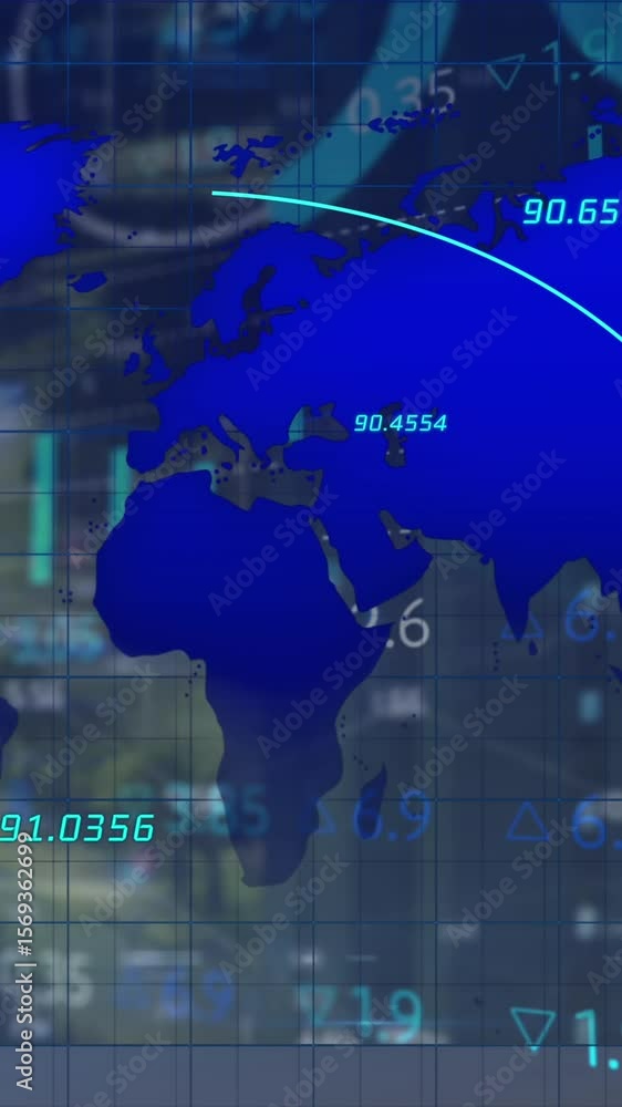 Poster animation of cityscape and world map over data processing