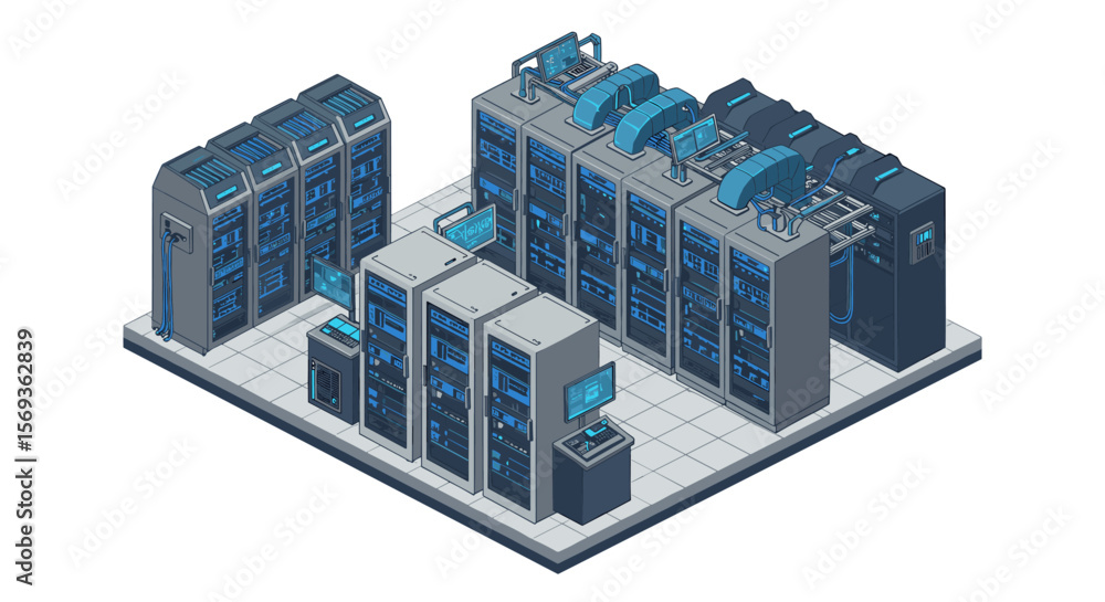 Aufkleber isometric vector illustration of a server room with data center equipment for it design and technolo