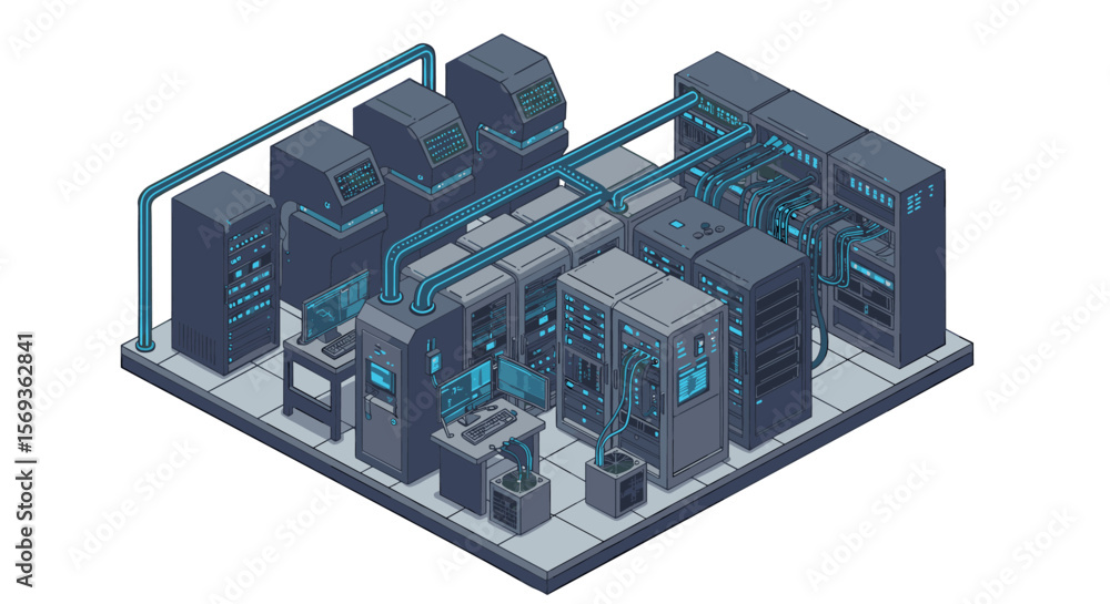 Poster isometric data center vector illustration with server racks and computers for network design