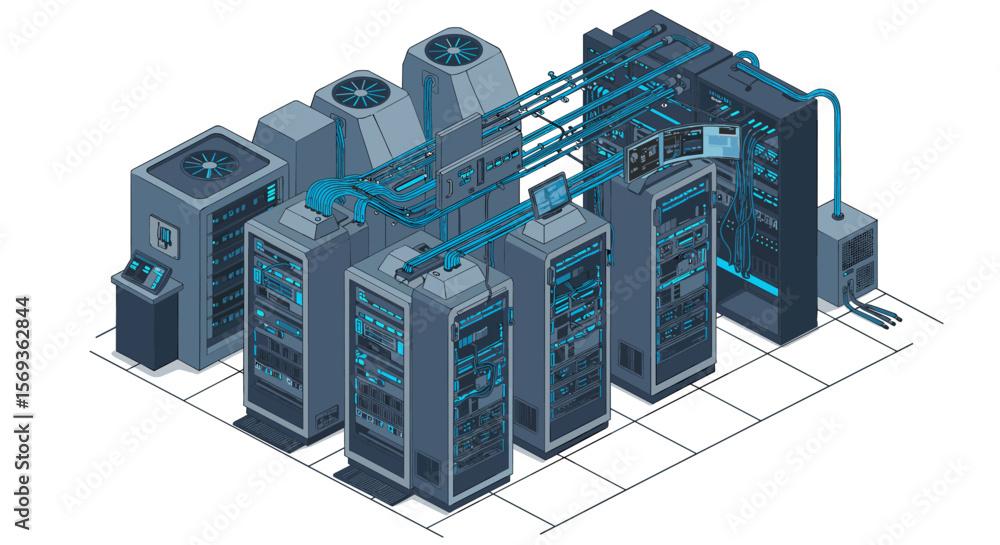 Poster isometric vector illustration of a modern data center with server racks and cooling systems for tech