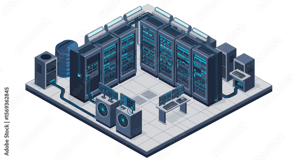 Aufkleber isometric vector illustration of a modern data center with servers and cooling systems for technolog