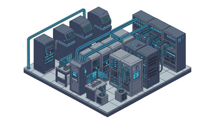 Obraz premium Isometric data center vector illustration with server racks and computers for network design