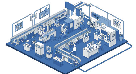 Fototapeta premium Isometric factory automation vector illustration - modern industrial design for technology and manufacturing concepts