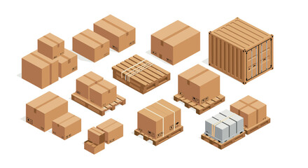 Isometric delivery boxes and shipping containers vector illustration for logistics and transportation design