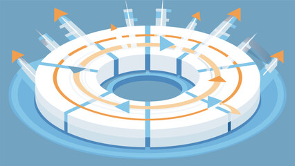 Isometric view of segmented circular structure with arrows indicating flow and directionality