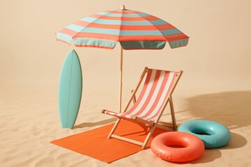 Vibrant beach day setup beckons with pastel umbrella, surfboard, chair, and inflatables, promising relaxation and seaside leisure against a sandy backdrop.