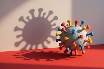 Vivid coronavirus shadow creeps across the red surface, a colorful yet haunting reminder of global pandemic influence during a time of uncertainty.