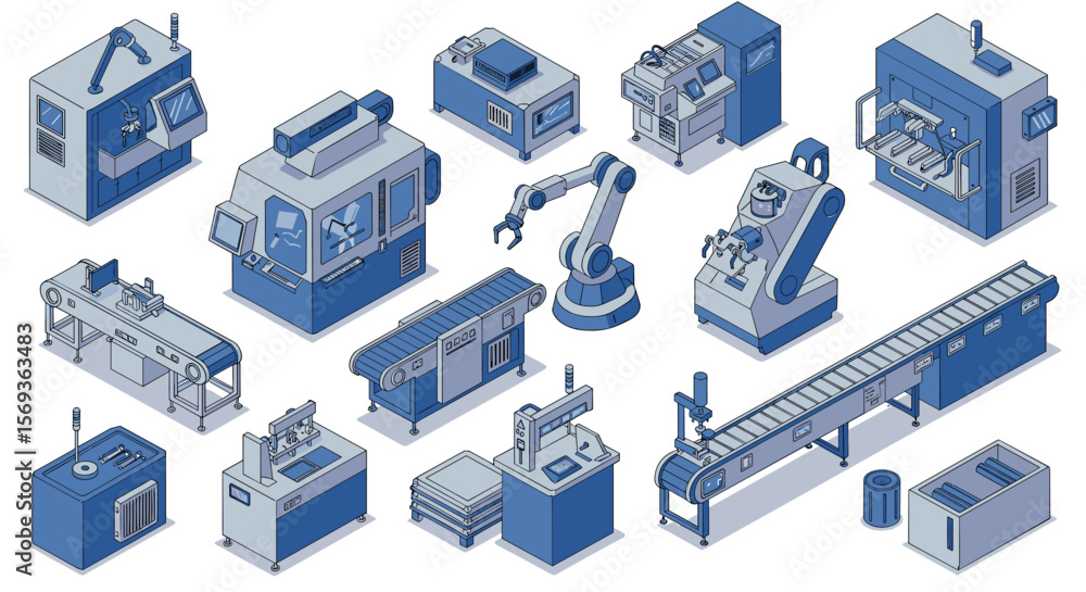 Poster isometric factory machines vector illustration for industrial design and automation projects