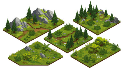 Isometric forest landscape vector illustration with mountain and trees design for game development