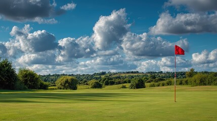 Obraz premium Beautiful golf course with red flag on green fairway. Sunny day landscape with trees and buildings in background.