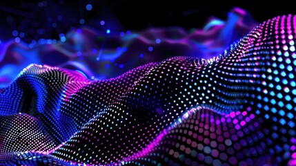 Vector graphic with small pixel particles in halftone effect, dynamic energy and tech background