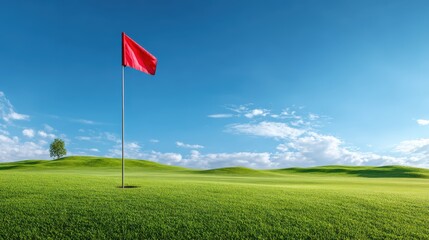 Vibrant green golf course with red flag on rolling hill under clear blue sky, sunlit fairway and soft shadows, tranquil midday landscape.