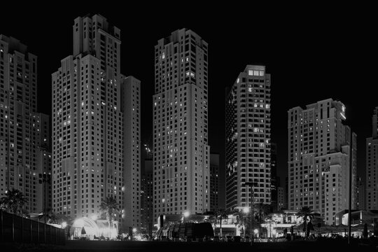 Fototapeta fragment of Dubai Marina architecture in black and white photo