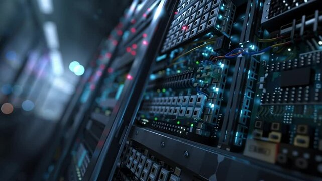 Server Rack's Digital Universe: An in-depth view of a server rack's intricate internals, revealing the complex network of processors and digital components that power the digital age.