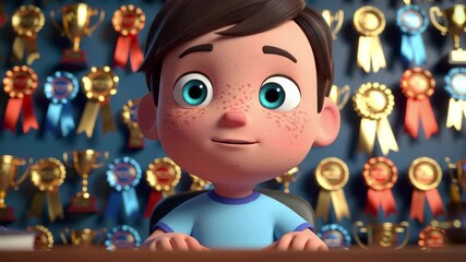 3D cartoon schoolboy smiling proudly in front of trophy wall representing achievement - Powered by Adobe