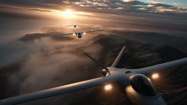 Drones Soaring into the Horizon: A squadron of sleek, modern drones takes flight against a dramatic, sunlit sky, conveying technological advancement and the awe of airborne innovation.