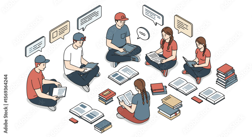 Poster collaborative learning concept with students reading and discussing books in flat vector illustratio