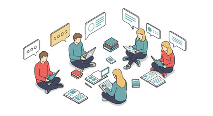 Team collaboration and learning concept: isometric vector illustration for education and communication design