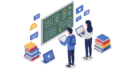 Educational technology in modern learning environments vector illustration - design for print and digital use in isometric style