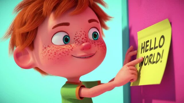 3D cartoon child student sticking a "HELLO WORLD" note on pink and teal wall, school communication scene