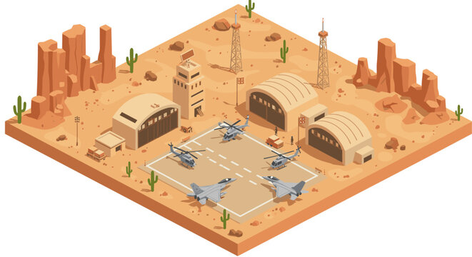 Isometric vector illustration of military air base with hangars and aircraft in desert environment