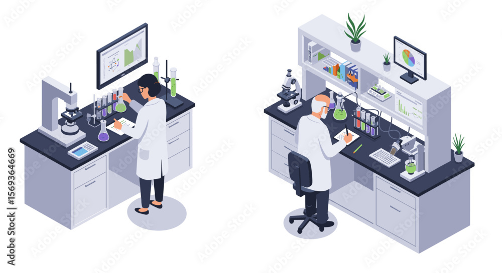 Poster modern laboratory research vector illustration: scientists in lab coats analyzing data for scientifi