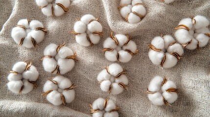 Obraz premium Organic cotton weave background raw cotton bolls on burlap fabric top-down natural texture soft lighting authentic minimal