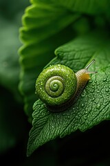 Snail crawls on vibrant green leaf. Water droplets glisten on shell. Close up of nature. Fresh leaf texture detail in dark garden setting.