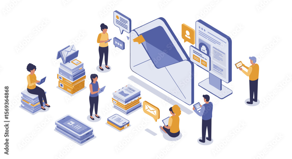 Poster email communication and networking isometric vector illustration for business and technology design