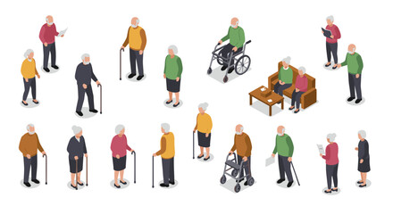 Isometric vector illustration of elderly people engaging in daily activities for community support design